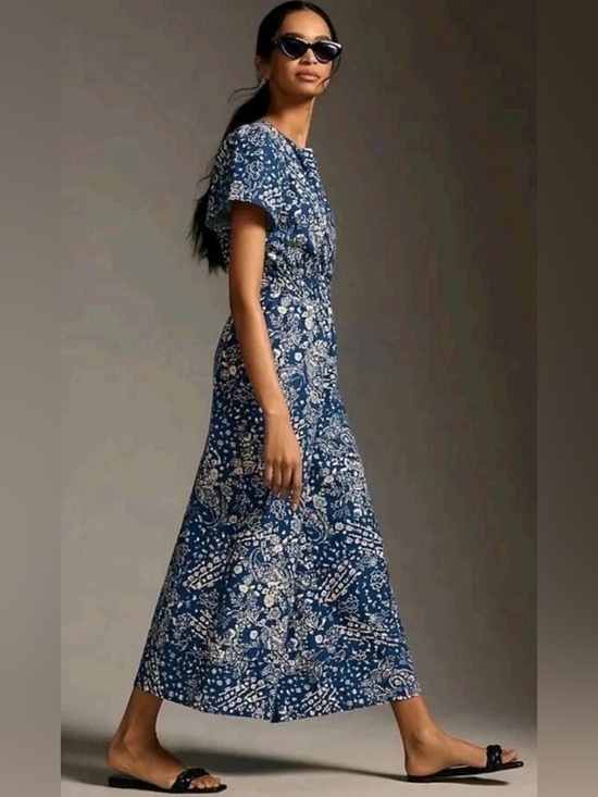 by Anthropologie The Somerset Wide Leg Jumpsuit Size XL Blue White Floral Casual - Picture 5 of 16